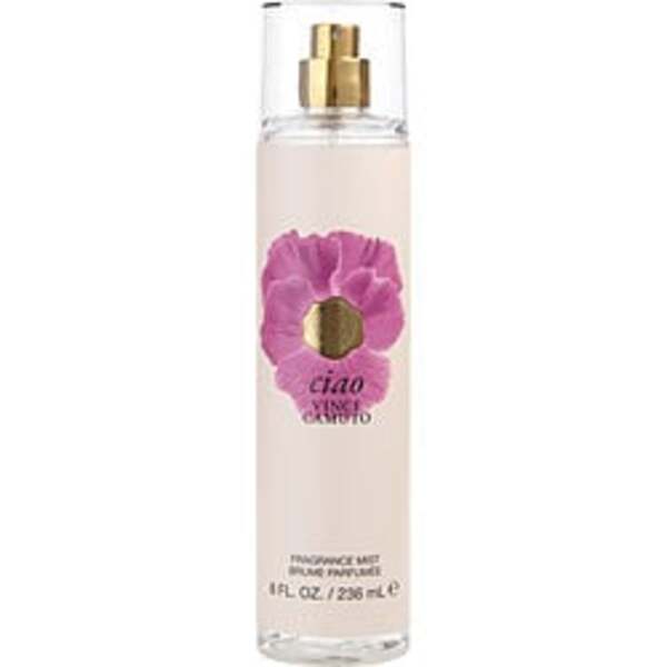 A designer bottle of Vince Camuto Ciao By Vince Camuto Body Spray 8 Oz For Women with a pink flower on it.