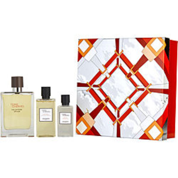 A set of Terre D'hermes Eau Intense Vetiver By Hermes Eau De Parfum Spray 3.3 Oz & Aftershave Lotion 1.35 Oz & Hair And Shower Gel 2.8 Oz For Men, in a box on a white background.