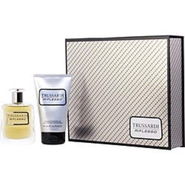 A gift set with a bottle of Trussardi Riflesso By Trussardi Edt Spray 1.7 Oz and a tube of Shampoo And Shower Gel 3.3 Oz for men, featuring fragrance notes.