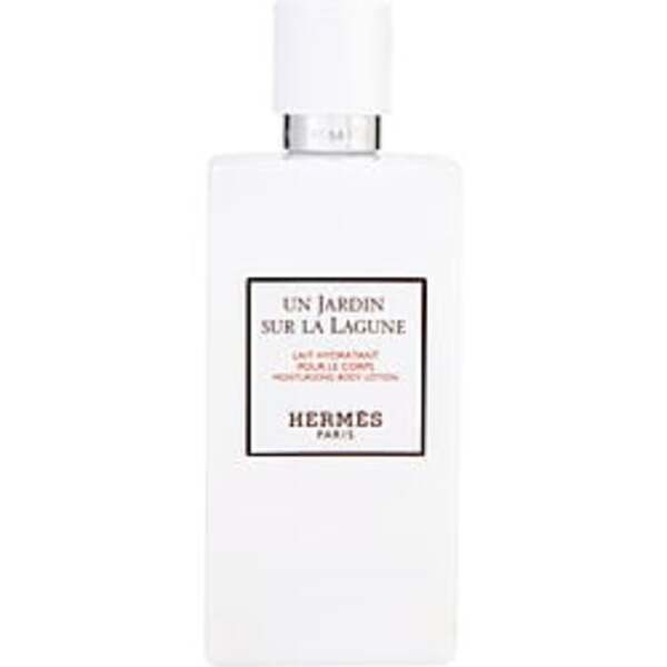 A bottle of Un Jardin Sur La Lagune by Hermes body lotion, with fragrance notes, on a white background.