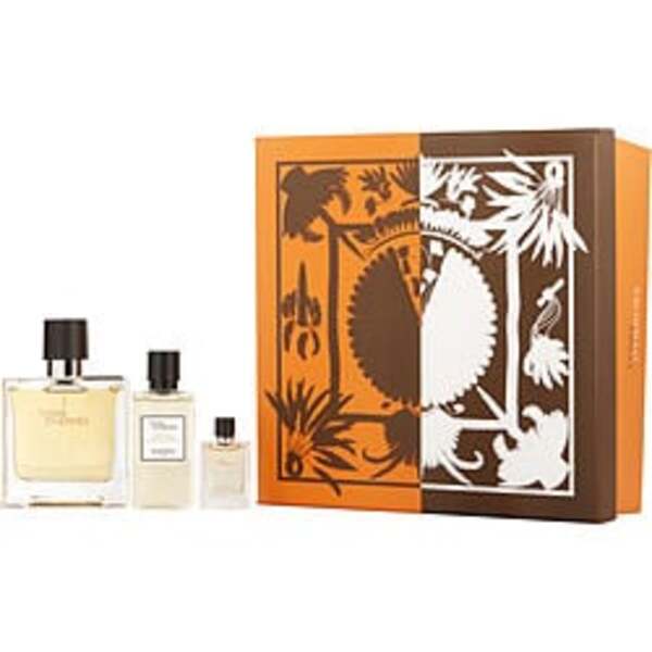 A Terre D'hermes By Hermes gift set with a bottle of PARFUM SPRAY and a box.
