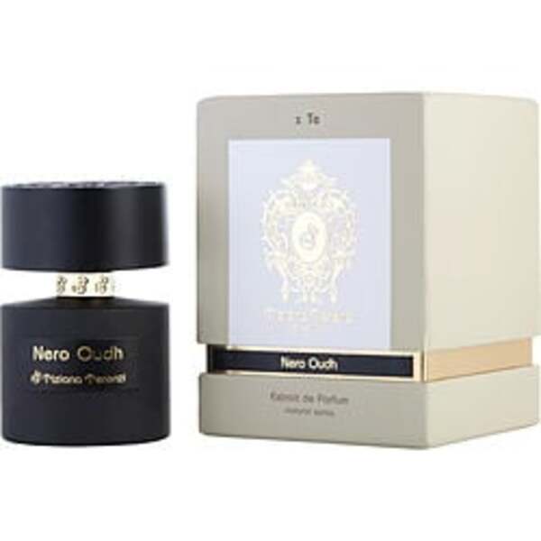 A UNISEX bottle of Tiziana Terenzi Nero Oudh By Tiziana Terenzi Extrait De Parfum Spray 3.3 Oz For Anyone, accompanied by a box.