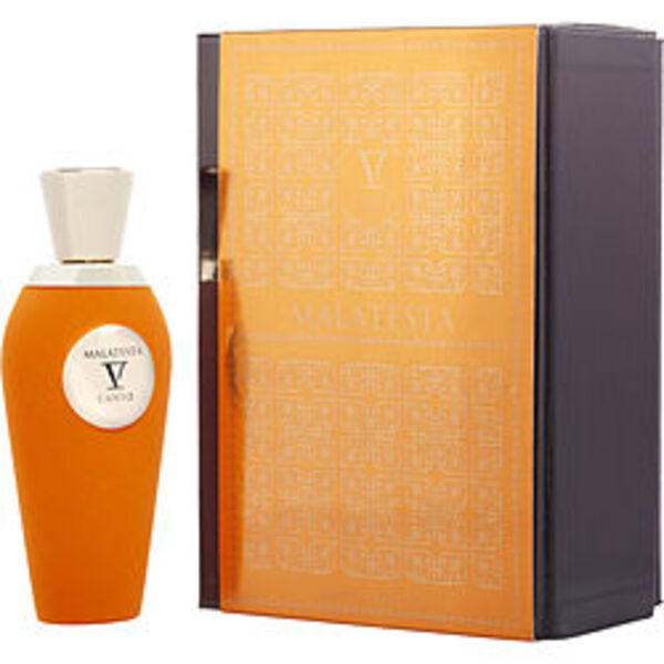 A bottle of orange V Canto Malatesta By V Canto Extrait De Parfum Spray 3.4 Oz For Anyone next to a box.