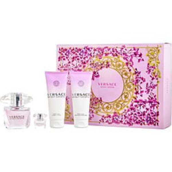 A pink gift set with a bottle of Versace Bright Crystal By Gianni Versace Edt Spray 3 Oz & Body Lotion 3.4 Oz & Shower Gel 3.4 Oz & Edt 0.17 Oz Mini For Women, EDT spray and body lotion.