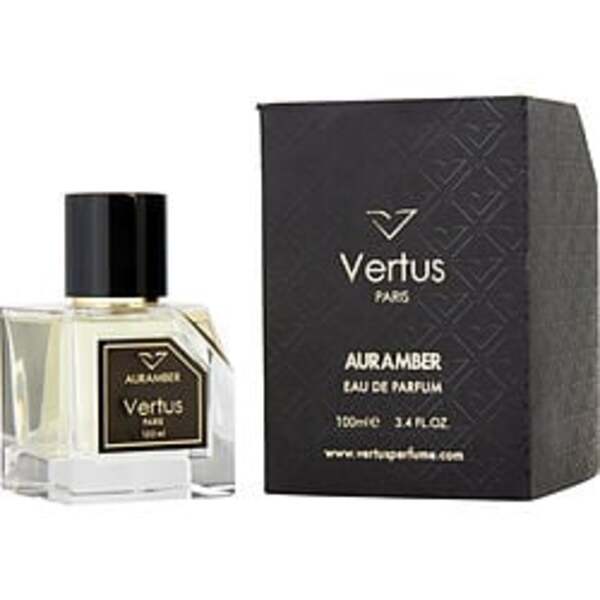A bottle of Vertus Auramber By Vertus Eau De Parfum Spray 3.4 Oz For Anyone fragrance notes in front of a unisex box.