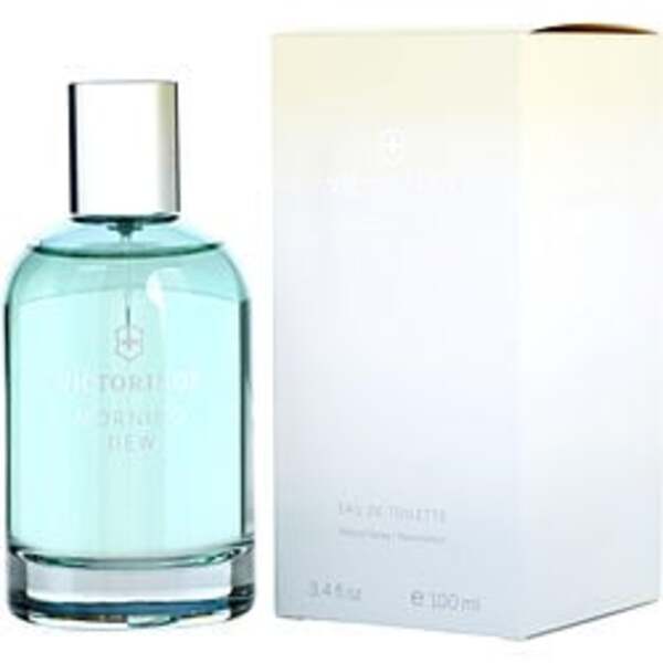A Swiss Army Morning Dew By Victorinox EDT spray bottle of 3.4 oz, accompanied by its box.