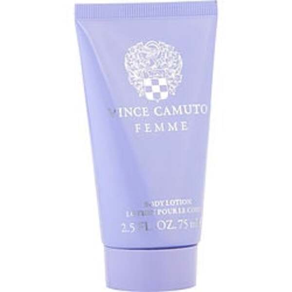 A tube of Vince Camuto Femme By Vince Camuto Body Lotion 2.5 Oz For Women featuring the iconic Venice Gancio design by Vince Camuto.