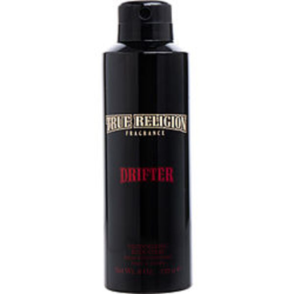 A True Religion Drifter By True Religion body spray with fragrance notes, enclosed in a sleek black bottle with a black label.