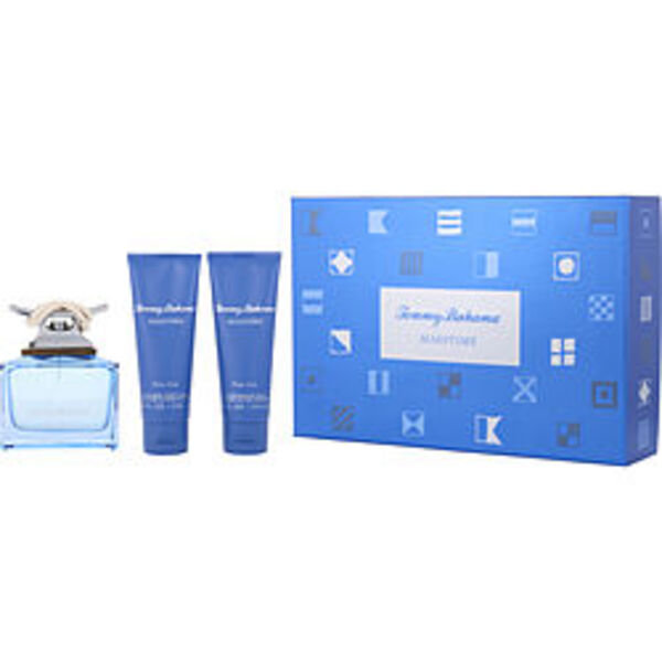 A blue Tommy Bahama Maritime By Tommy Bahama Eau De Cologne Spray 4.2 Oz & After Shave Balm 3.4 Oz & Hair & Body Wash 3.4 Oz For Men gift set.