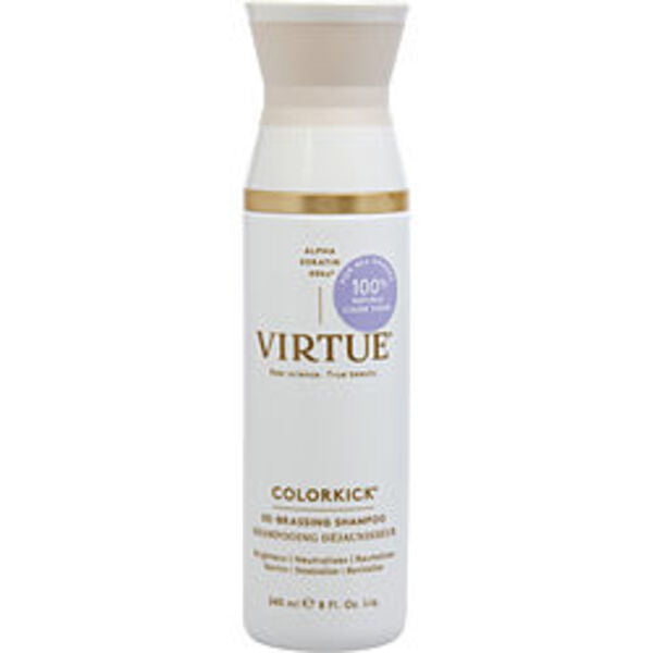 A Virtue By Virtue Color Kick De-brassing Shampoo 8 Oz For Anyone bottle with a white background.