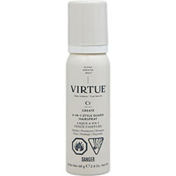 A bottle of Virtue By Virtue 6-in-1 Style Guard Spray 2.4 Oz For Anyone deodorant, on a white background.