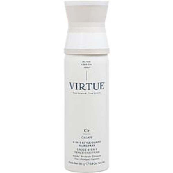 A UNISEX bottle of Virtue By Virtue 6-in-1 Style Guard Spray 5.8 Oz For Anyone cleanser on a white background.