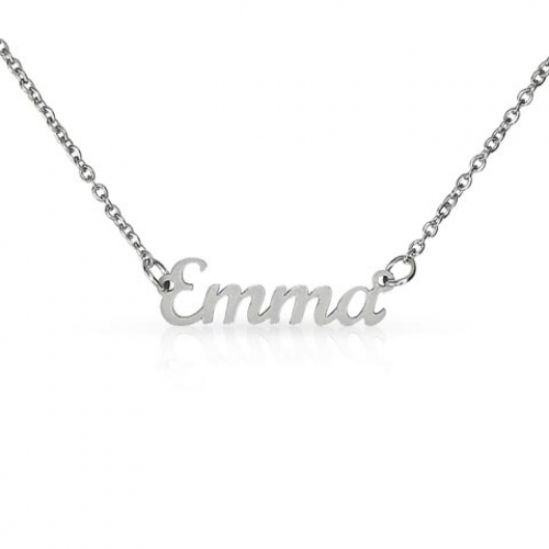 The Royal Signature Necklace showcases a silver pendant elegantly spelling out "Emma" in cursive letters, gracefully suspended from an adjustable cable chain.