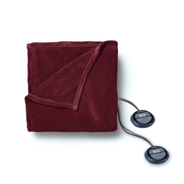 A Sunbeam Queen Electric Heated MicroPlush Blanket in Garnet with Dual Digital Display Controllers with two cords on it.