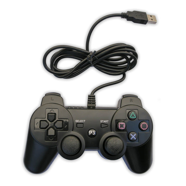 A black Wired Controller for PS3 with a USB plug.