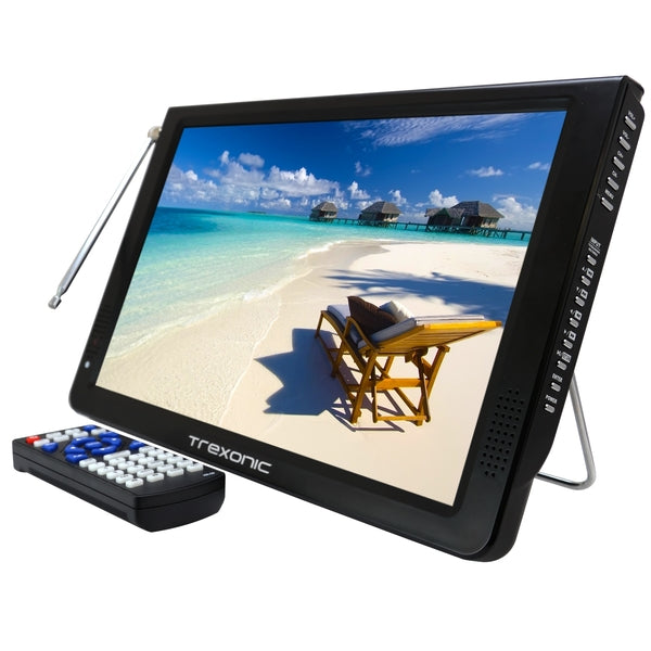 A Trexonic Ultra Lightweight Rechargeable Widescreen 12" LED Portable TV with HDMI, SD, MMC, USB, VGA, Headphone Jack, AV Inputs and Output and Built-in Digital Tuner and Detachable Antenna with a remote control.