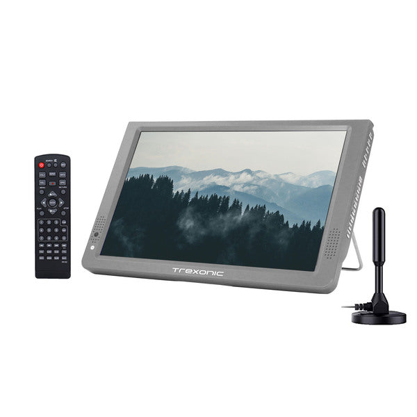 A Trexonic Portable Rechargeable 14" LED TV in Gray with Amplified Antenna with a remote control.