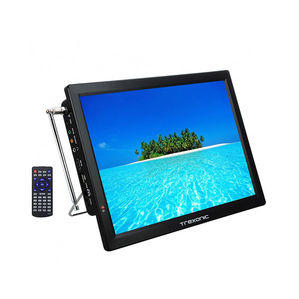 A Trexonic Portable Rechargeable 14 Inch LED TV with HDMI, SD/MMC, USB, VGA, AV In/Out and Built-in Digital Tuner with a remote control.