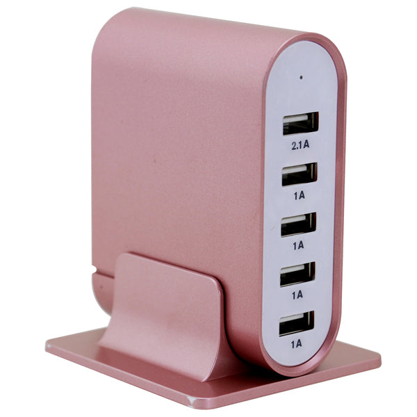 A Trexonic 7.1 Amps 5 Port Universal USB Compact Charging Station in Rose Gold Finish, perfect for charging multiple devices simultaneously.