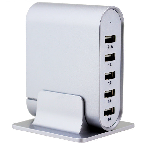 A Trexonic 7.1 Amps 5 Port Universal USB Compact Charging Station in Silver Finish on a stand, featuring fast charging capabilities.