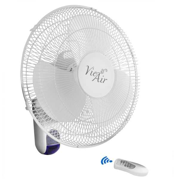 A Vie Air 16 Inch 3 Speed Plastic Wall Fan with Remote Control in White.