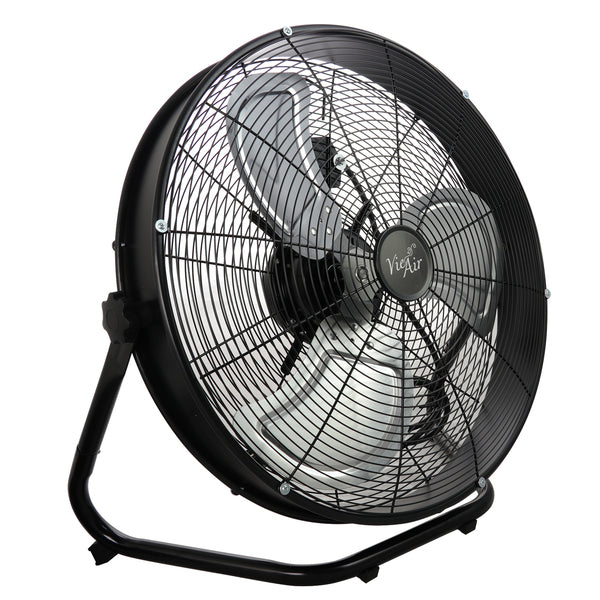 The Vie Air 20 Inch 3 Speed Motor Metal Floor Drum Fan in Black, in sleek tuxedo black, provides powerful air flow on a stand against a crisp white background.