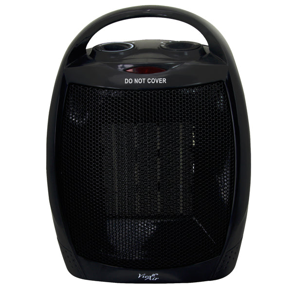 An Vie Air 1500W Portable 2 Settings Black Ceramic Heater with Adjustable Thermostat on a white background.