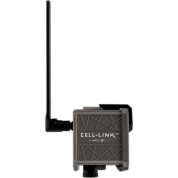 A Spypoint Cell Link Universal Cellular Adapter wireless router with a cellular adapter attached to it.