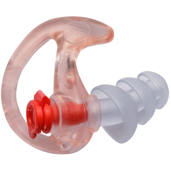 A SureFire Triple Flanged Filtered Earplugs Small 25 Pr Clear with a red tip designed for hearing protection, aimed at preventing Noise-Induced Hearing Loss (NIHL) and promoting hearing health.