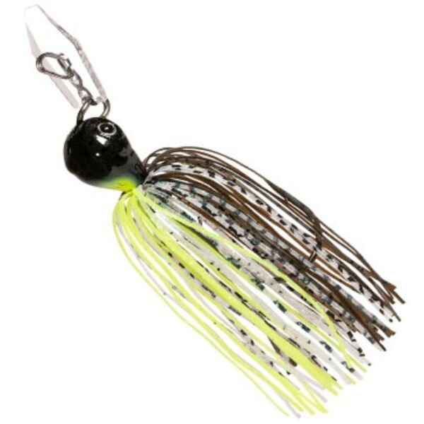 A valuable Zman Chatterbait JackhammerStealthblade 0.375Oz BhiteDelight jig in black and yellow on a white background.