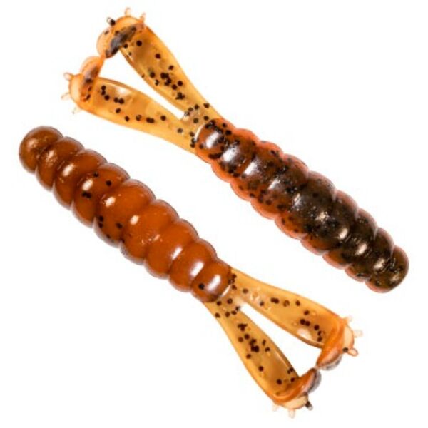 Two Zman Goat 3.75in Green Pumpkin Orange 4 Pack worms, one brown and one black, on a white background.