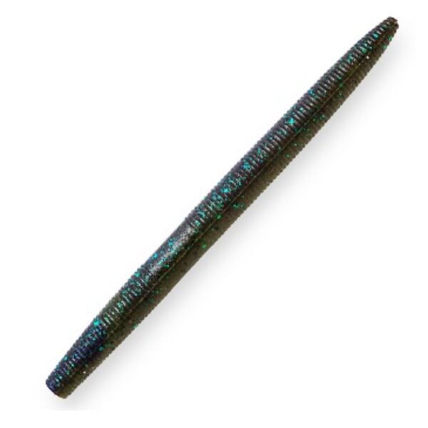 A black and green stick bait, known as Zman Zinkerz 5in Bama Bug 6 Pack, with ElaZtech construction, on a white surface.