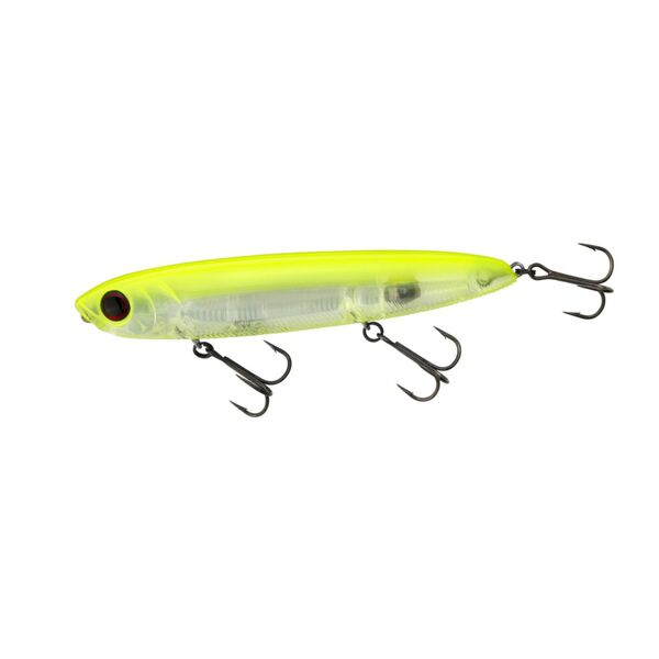A Yo-Zuri 3DB 5in Floating Pencil Prism Chartreuse Silver, a yellow and black walk the dog topwater lure, on a white background.