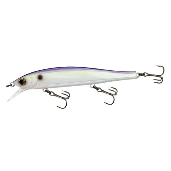A Yo-Zuri 3DB Jerkbait 110 Suspending Table Rock Shad, featuring a striking white and purple design, showcased against a clean white background.