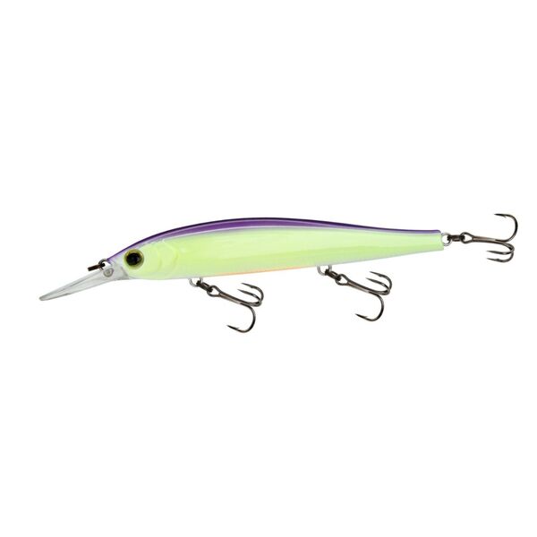 A Yo-Zuri 3DB Jerkbait 110 Deep Suspend Bold Table Rock Shad lure in purple and green, showcased against a clean white background.