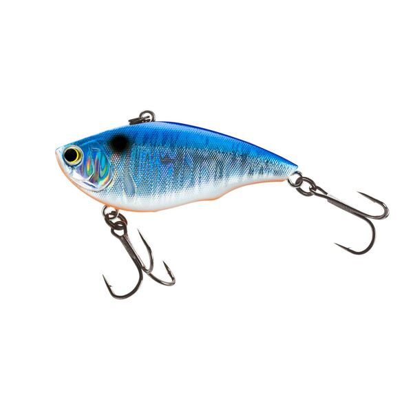 A Yo-Zuri RattlN Vibe Sinking 65mm 2.5in Blue Crome, a blue and white lipless vibrating style fishing lure, on a white background.