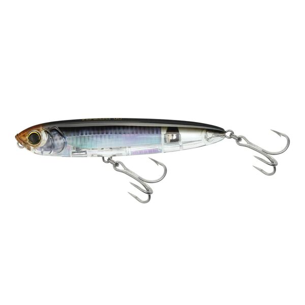 A Yo-Zuri 3D Inshore Topknock Pencil 125mm 5in Real Mullet, a black and silver topwater walking bait with an internal hologram, displayed on a white background.