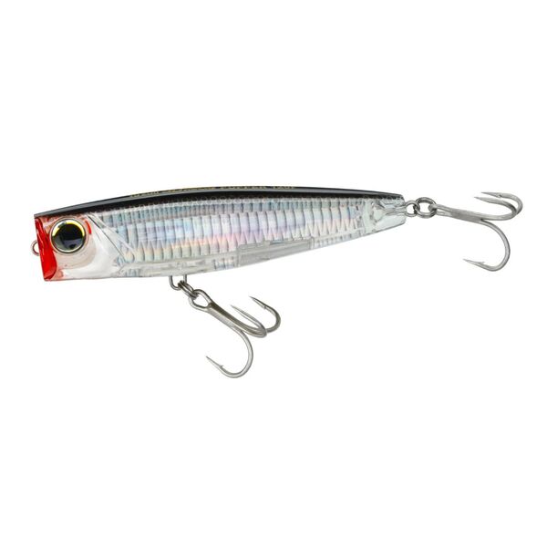 A Yo-Zuri 3D Inshore Popper 120MM 4.75in Silver Black fishing lure on a white background.