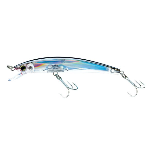 A Yo-Zuri Crystal 3D Minnow F 130 mm 5.25in Silver Black fishing lure on a white background.