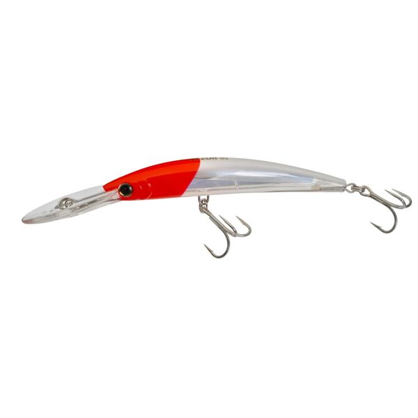 A Yo-Zuri Crystal 3D Minnow Deep Diver 150mm 6in Red Head in white and red, perfect as trolling bait for game fish.