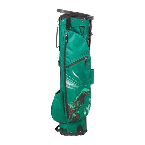 A green Volvik Marvel Ultra Light Golf Stand Bag Hulk with a Marvel Character design on it.