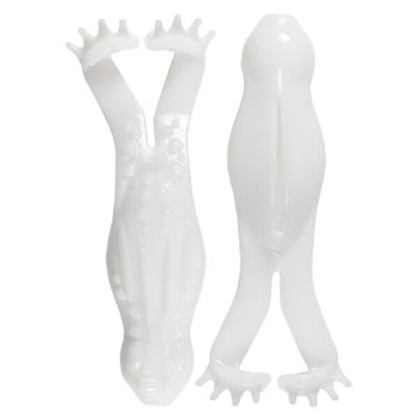 A pair of ZMAN GOAT ToadZ 4 in White 3 Pack plastic frogs with a paddle tail design on a white background.