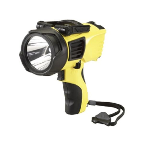 The Streamlight Waypoint C4 LED flashlight features C4 LED technology and a deep dish parabolic reflector, providing powerful illumination. This yellow flashlight with a black handle is perfect for various outdoor activities.