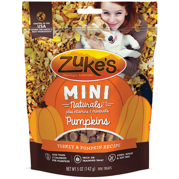 Zuke D Min Nat PB Oats 1# mini pumpkin dog treats.