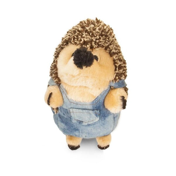 A ZOOBILEE Farmer Heggies Plush Dog Toy wearing overalls on a white background.