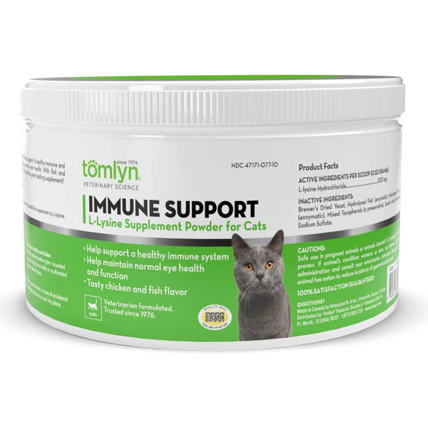 A jar of Tomlyn L-Lysine Cat Immune Support Gel 5 oz, promoting a healthy immune system with the addition of maple flavoring.