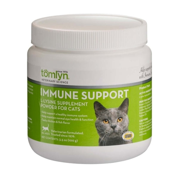 A jar of Tomlyn L-Lysine Cat Immune Support Powder 3.5 oz for cats.