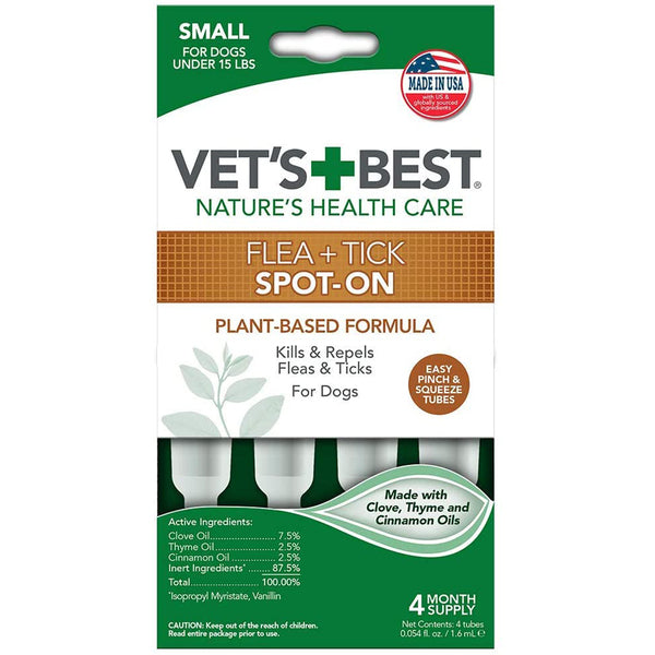 Vet's Best Flea and Tick Spot-On 1.6 ml 4 Count plant based formula for dogs.