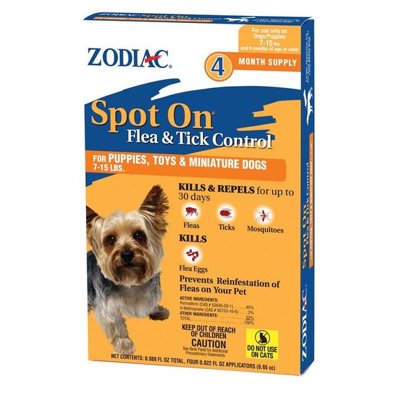 Zodiac Flea and Tick Spot On for Puppies 7-15 Pounds 4 Pack spot on flea & tick control for dogs.