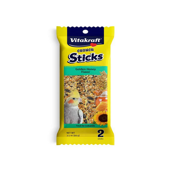 A package of Vitakraft Crunch Sticks Golden Honey Flavor Cockatiel Treat 3.5 oz 2 Count with two birds on it, a perfect bird treat in Golden Honey Flavor.